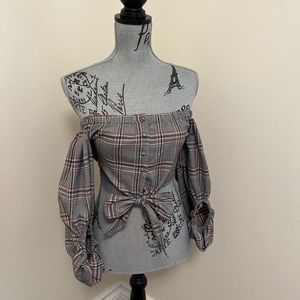 L’Atiste Plaid Off Shoulder Crop Top with Puff Sleeves, S